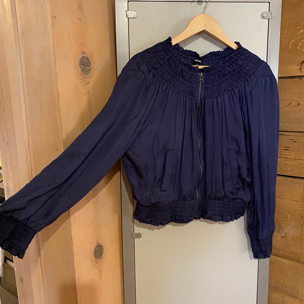 Love Sam Silk Floral Embroidered Bomber in Blue